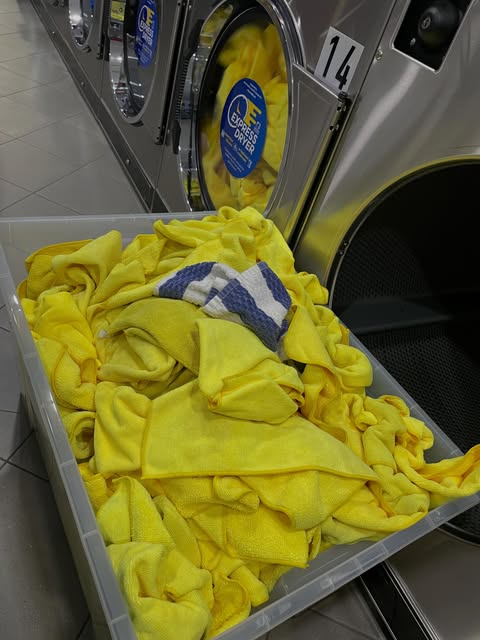 Tub of freshly laundered yellow microfibre cloths in front of commercial dryers